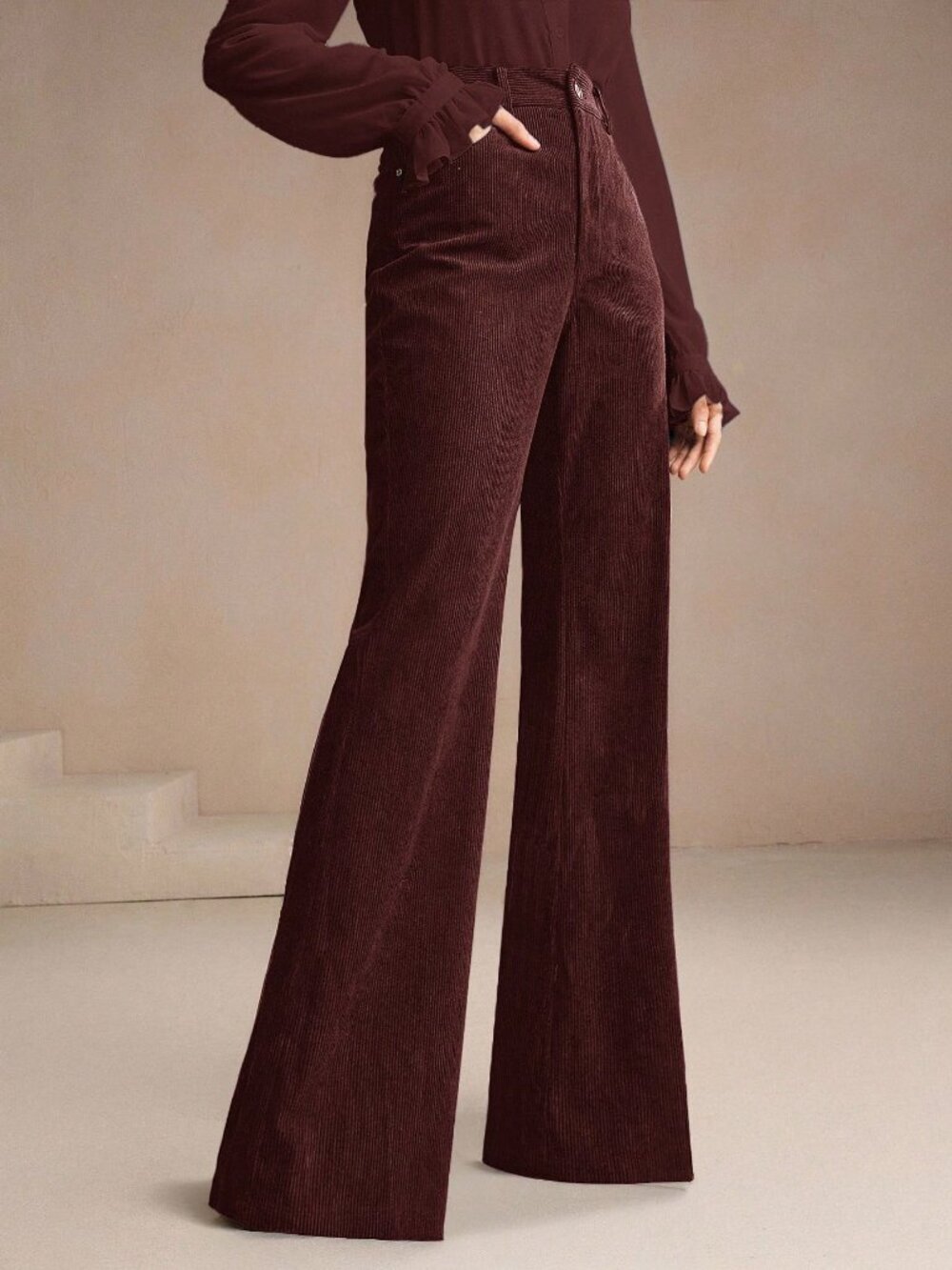 Rust Brown Casual Women's Embroidered Corduroy Flare Trousers